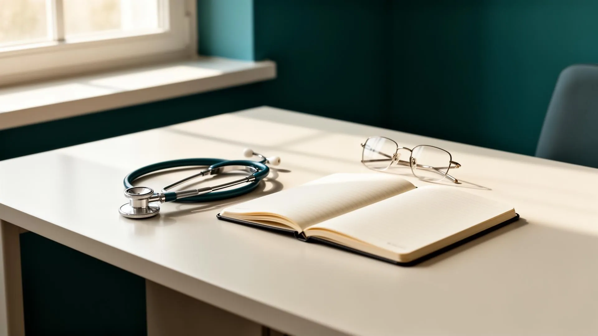 Consultório médico com luz natural, estetoscópio e caderno aberto